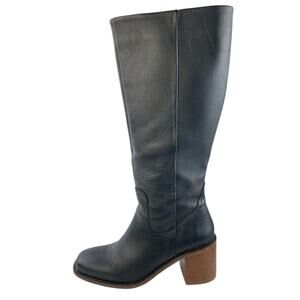 Portland Leather Patina Black Leather Block Heels Zip Up Knee High Boots Sz 8.5